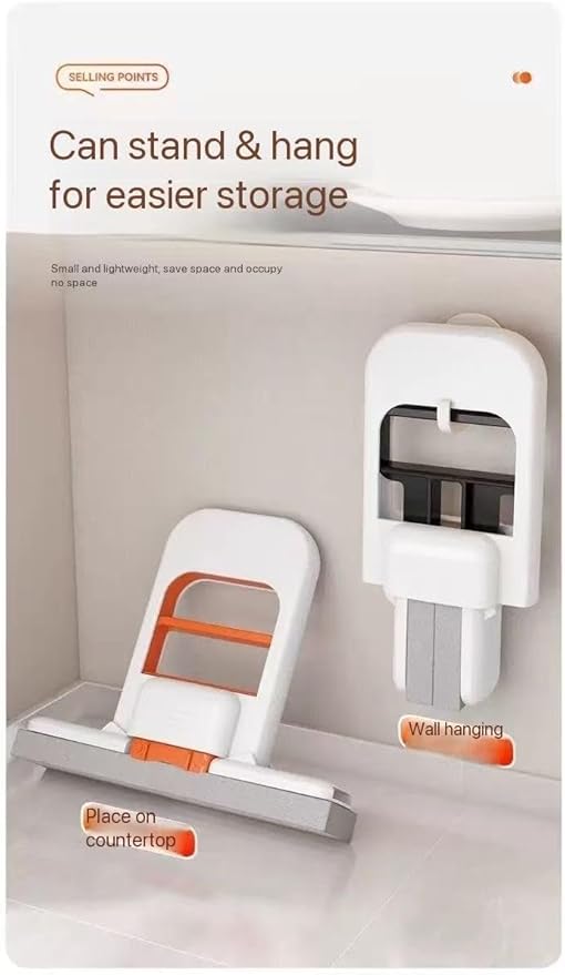 Foldable Push-Pull Cleaning Mop White and Orange Dual-Use Floor Cleaner with Wall Mount One-Handed Operation Space-Saving Design