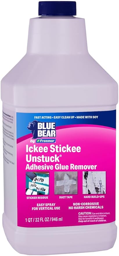 Blue Bear Ickee Stickee Unstuck Adhesive Remover – Fast-Acting Low-Odor Natural Citrus &amp Soy Formula – Removes Sticker Label Tape &amp Glue Residue from Most Hard Surfaces (1 Quart)