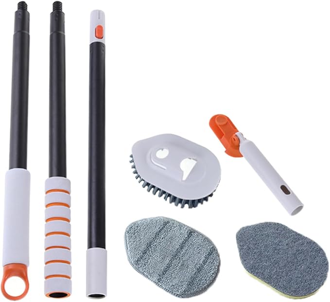 CHILDWEET Multi-Functional Grout Brush and Floor Scrubber with Extendable Handle Hard Bristle Tile Cleaning Brush Set for Bathroom and Shower Floor Includes and Scrubbing Cloth