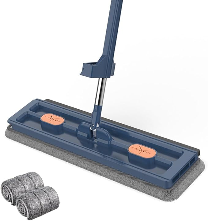 Large Flat MopLarge 17inch Hands-Free Mop EVA Squeegee &amp 360° Swivel for Hard Floors (Blue 2 Cloth)