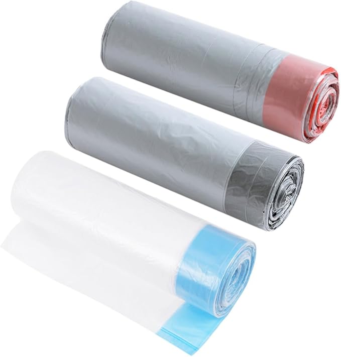 Disposable Drawstring Trash Bags 90pcs Portable Garbage Bags with Handles Gray and White Color Random Suitable for Kitchen Bathroom Car Use Random Color