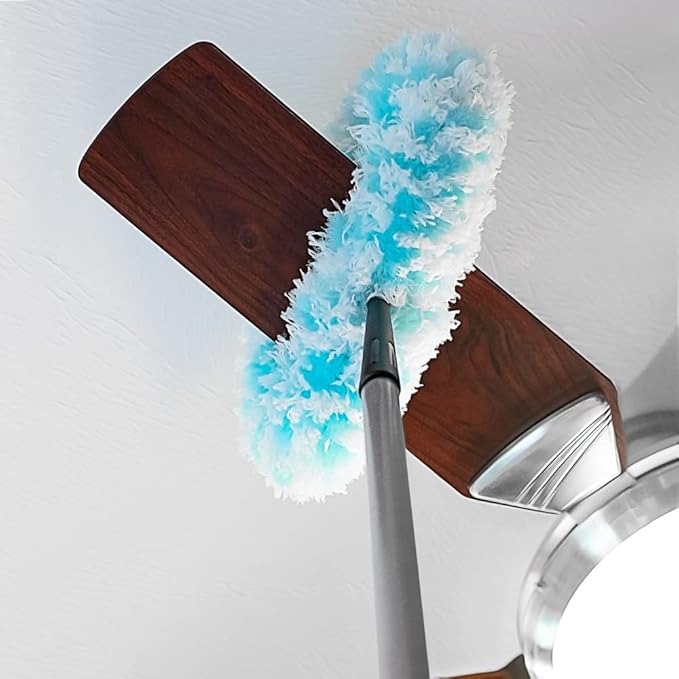 Fuller Brush Fuzzy Fan Duster – Dust &amp Clean Ceiling Fans Walls Woodwork – Polystatic &amp Microfiber Grabs &amp Holds Dust Lint Cobwebs &amp Dirt - Fan Duster with Handle (Teal)