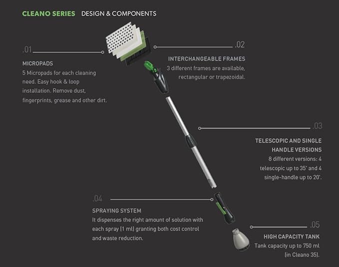 Cleano 5' Telescopic Indoor Window and Surface Cleaning System - Cleaning Reach of Over 10 feet | Micro Spray Delivers Water and Solution | Refillable Solution Globe | Includes 3 Cleaning Pads