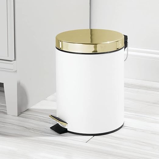mDesign Pedal Bin — Metal Waste Bin with Pedal Lid and Plastic Bucket Insert — Perfect for Bathroom Kitchen and Office — Household Rubbish Bin with Ergonomic Design — White/Gold
