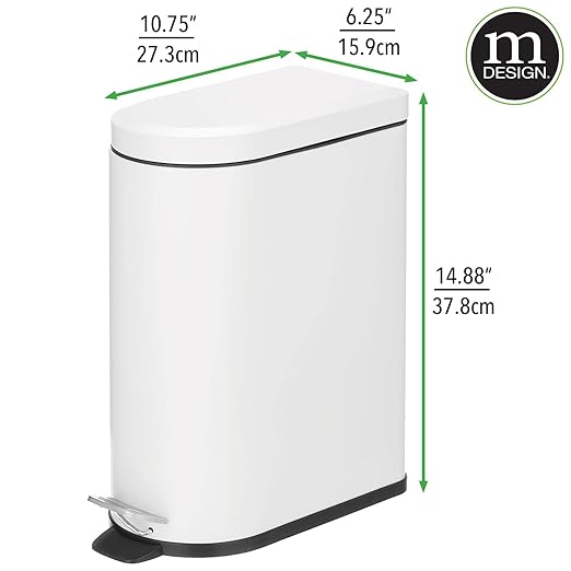 mDesign 10 Liter/2.6 Gallon Stainless Steel Metal Step Trash Can Garbage Bin for Bathroom Bedroom Home Office - D-Shape Trashcan with Foot Pedal/Lid Removable Liner Bucket with Handles White