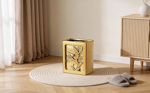 Gold Bathroom Trash CanLuxury Ceramic Hand Carved Decor Garbage Can1.32 Gallon/5 Liter Stylish Small Waste Basket for BathroomOfficePartyRoom