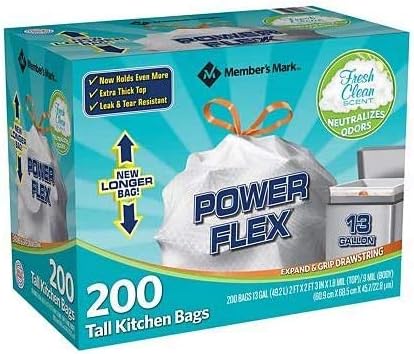 Members Mark Power Flex Tall Kitchen Drawstring Trash Bags (13 gal 200 ct.) (200 Count (Pack of 2))