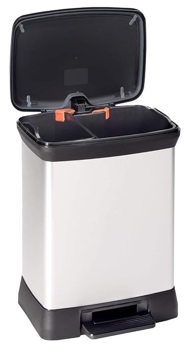 Curver Metal Effect 70% Recycled Kitchen Accessories 30L Duo Recycling Pedal Touch Deco Bin Silver
