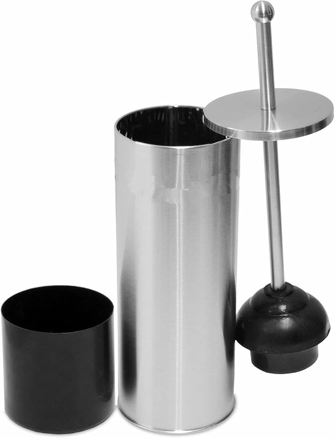 Chrome Toilet Plunger with Holder Bathroom Metal Canister Holder Drip Cup Heavy Duty Deep Cleaning Silver