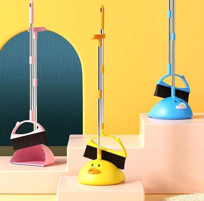 Cute Duck Cleaning Broom and Dustpan Set with Long Handle Stand Up Broom and Dustpan for Home Kitchen Room Office Outdoor Indoor (Yellow)