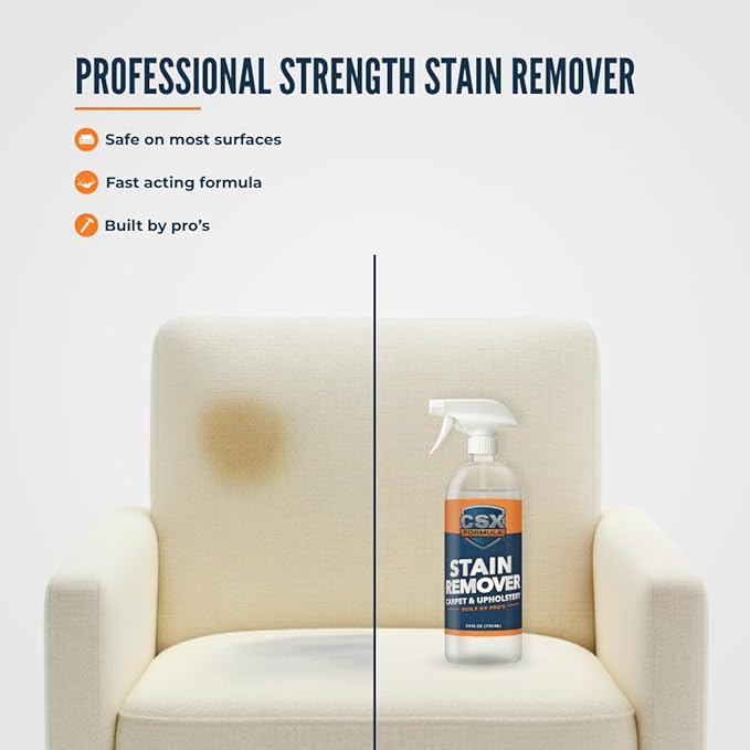 CSX Powerful Stain Remover 24oz – Heavy Duty Carpet &amp Upholstery Cleaner Professional Strength Deep Clean Formula – Removes grease wine coffee ink food and more – Made in the USA