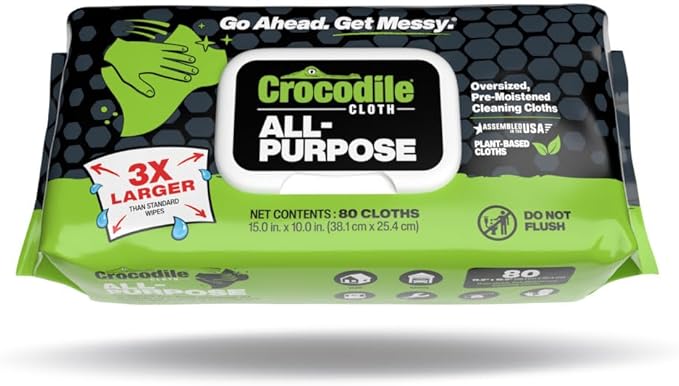 Crocodile Cloth All-Purpose Cleaning Wipes – 8 Pack/640 Total Count 15x10 Extra Large Plant-Based Disposable Cloths – Moist Absorbent Safe on Skin Multi-Surface Use