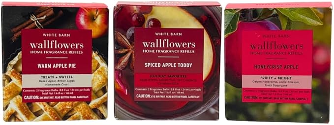 Bath &amp Body Works Wallflowers Refills FALL APPLE SCENT Collection 3pc Bundle with 40-Inch Red Holiday &amp Glittered Polka-Dot Ribbon Bow – Spiced Apple Toddy Honeycrisp &amp Warm Apple Pie (2-