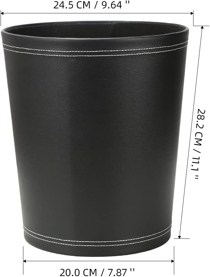 KINGFOM Classic Pu Leather Trash Can Wastebasket Small Garbage Container Can for Bathrooms Powder Rooms Kitchens Home Office and and High Class Hotel Round Black