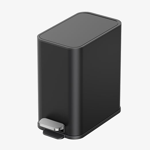Small Bathroom Trash Can with Lid Soft Close 1.3 Gallon Garbage Can Step Pedal Stainless Steel Wastebasket Slim Trash Bin for Office Bedroom Toilet Live Room (Black)