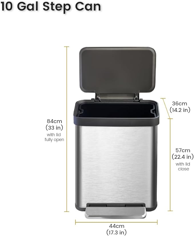 10 Gallon Ktichen Trash Can with Lid Stainless Steel Trash Can with Removable Inner Bucket Soft Close Lid Step-On Pedal Bin for Kitchen Office Bathroom
