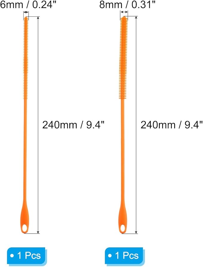 2 Pcs Silicone Straw Brush 9.4 Inch Bottle Straw Brushes Oran (6mm+8mm)