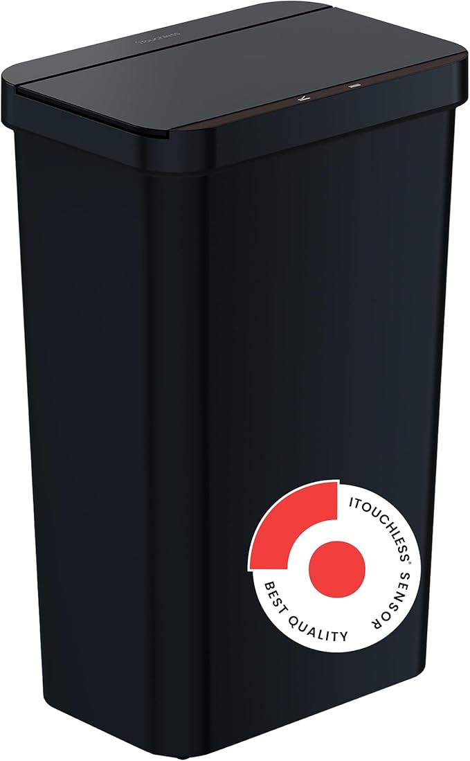 iTouchless Prime 13.2 Gallon Sensor Trash Can Durable Dent-Proof Construction Slim and Space-Efficient Automatic Bin Black Color Great for Kitchen Home Office Business Garage Plastic