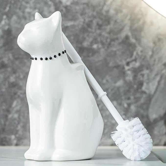 Comeon Ceramic Cat White/Black Toilet Brush and Holder Set Plastic Handled Scrub Brush for Bathroom Cleaning10.63*6.3 (White)