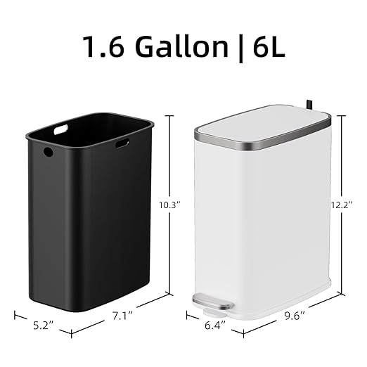 Stainless Steel Bathroom Trash Can with Lid Soft Close1.6 Gallon Slim Garbage canSmall Metal Step Wastebasket for Office Bedroom Toilet White