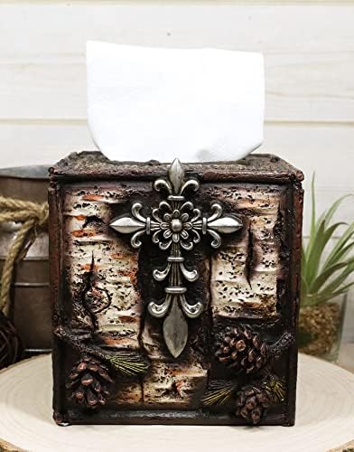 Ebros Gift Rustic Southwestern Inspirational Le Fleur Cross with Birch and Pinecones Bathroom Accessory Resin Sculpture Fleur De Lis Accent (Tissue Box Holder Case)