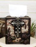 Ebros Gift Rustic Southwestern Inspirational Le Fleur Cross with Birch and Pinecones Bathroom Accessory Resin Sculpture Fleur De Lis Accent (Tissue Box Holder Case)