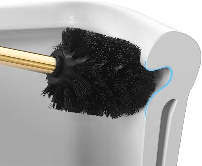 Toilet Brush and Holder Set Gold Stainless Steel 304 Heavy Duty Round Toilet Brush Set – Rust Resistant Long Handle Replacement Heads Floor Standing Bathroom Toilet Cleaning Brush