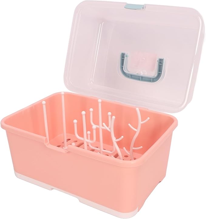 SUNGOOYUE Baby Bottle Drying Rack Portable PP Nursing Bottle Storage Box with Detachable Drain Feeding Bibs for Home Travel Bib (Implicit Pink) SUNGOOYUEpofvukabs8-12