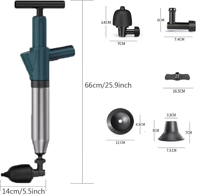 Toilet Plunger Drain Clog Remover with 4 Sized Suckers High Pressure Dredge Plumbing Tool with Barometer Stainless Steel Toilet Dredge for Sewer Pipe Dredging