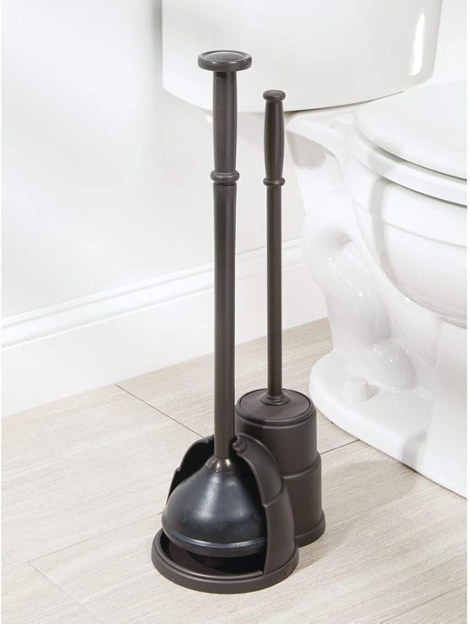mDesign Plunger and Brush Set for Toilet Bowl - Hidden Modern Toilet Brush and Plunger Set with Caddy - Brush Cleaner and Plunger Combo with Holder for Bathroom - Hyde Collection - Bronze