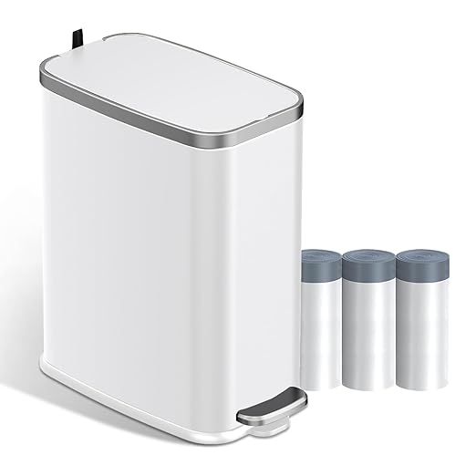Stainless Steel Bathroom Trash Can with Lid Soft Close1.6 Gallon Slim Garbage canSmall Metal Step Wastebasket for Office Bedroom Toilet White