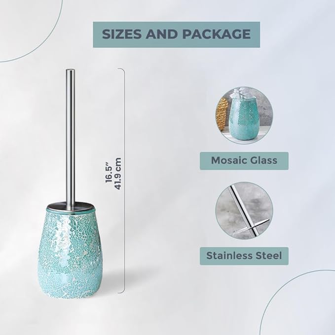 Escenzy Turquoise Green Toilet Brush and Holder Set Mosaic Glass | Non-Rustic Stainless Steel | Practical &amp Decorative Toilet Bowl Brush and Holder | Luxury Green Bathroom Accessories