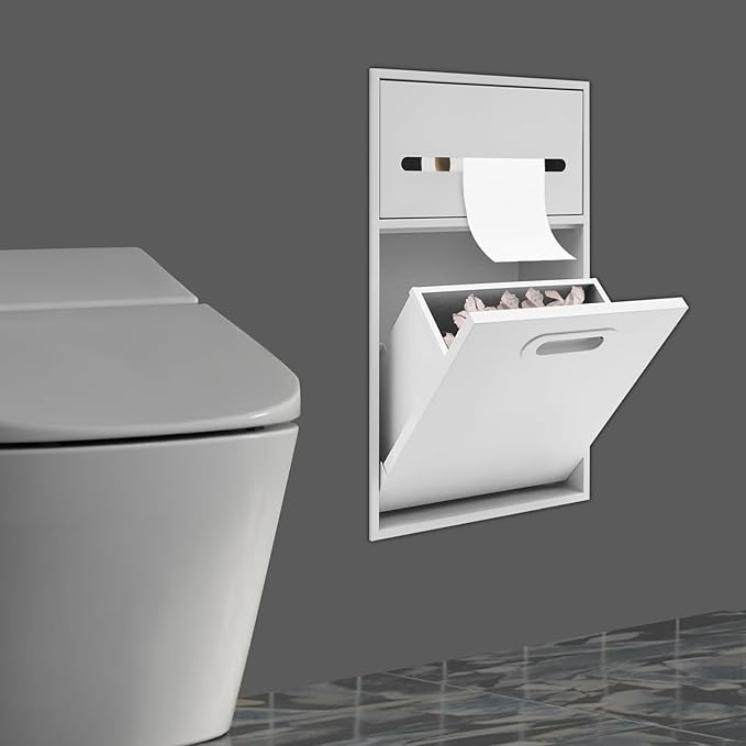 Hidden Recessed Trash Can with Toilet Paper Holder 1.59 Gallon 304 Stainless Steel Wall Mounted Bathroom Bin Space Saving Toilet Tissue Dispenser &amp Garbage Can Combo (White)