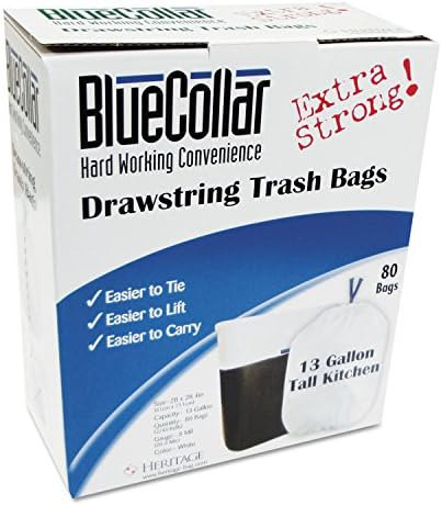 BlueCollar N4828EWRC1 Drawstring Trash Bags 13gal 0.8mil 24 x 28 White 80/Box