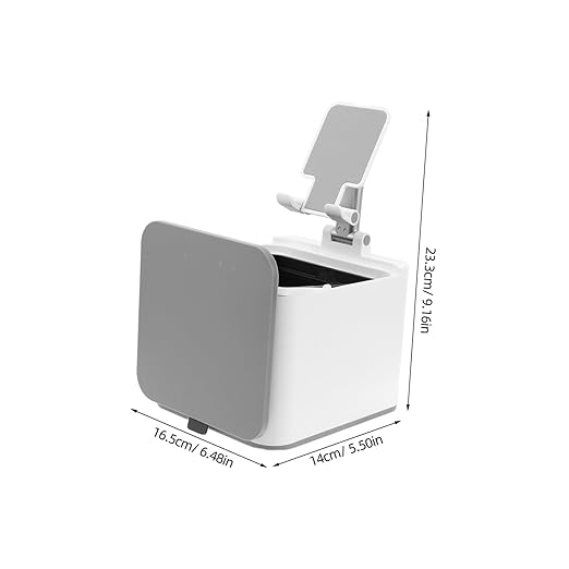 TEHAUX Mini Trash Bin with Phone Holder for Desk Portable Wastebasket for Home Office Travel and Car Compact Dual Purpose Design