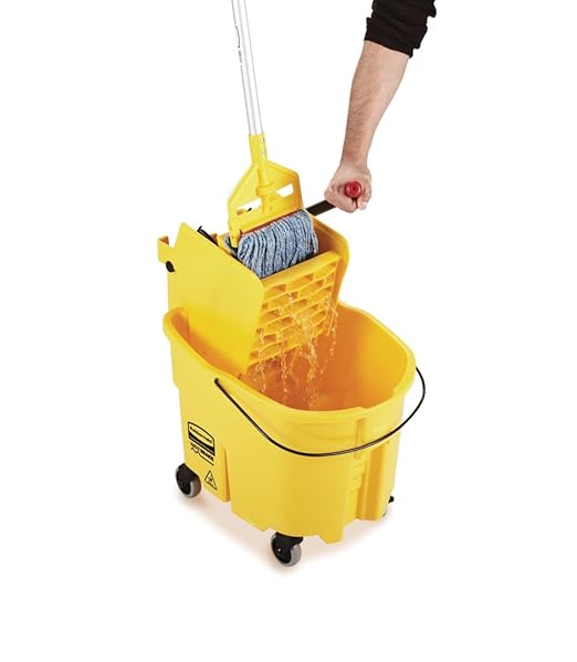 Rubbermaid Commercial Products WaveBrake 26 Qt. Side-Press Mop Bucket and Wringer Combo on Wheels Yellow for Professional/Industrial/Business Heavy-Duty Floor Cleaning/Mopping