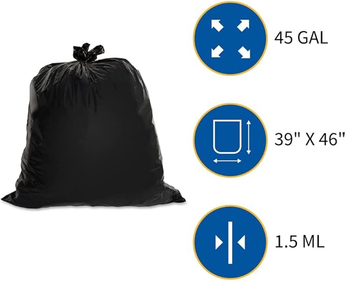 Genuine Joe 01534 Heavy-Duty Trash Bags 1.5 Mil 40-45 Gallon 50/CT Black (Pack of 3)