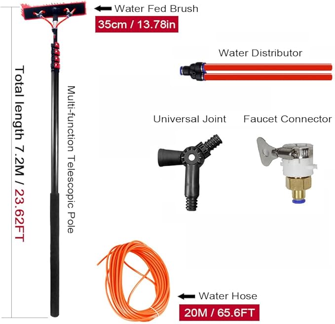 Telescopic Aluminum Water Fed Pole KitSolar Panel Cleaning Brush with 20M Water HoseOutdoor Roof Window Glass Cleaner Set with 180° Rotatable Brush Head for House S(Size:7.2M/23.6FTColor:35cmBrush)