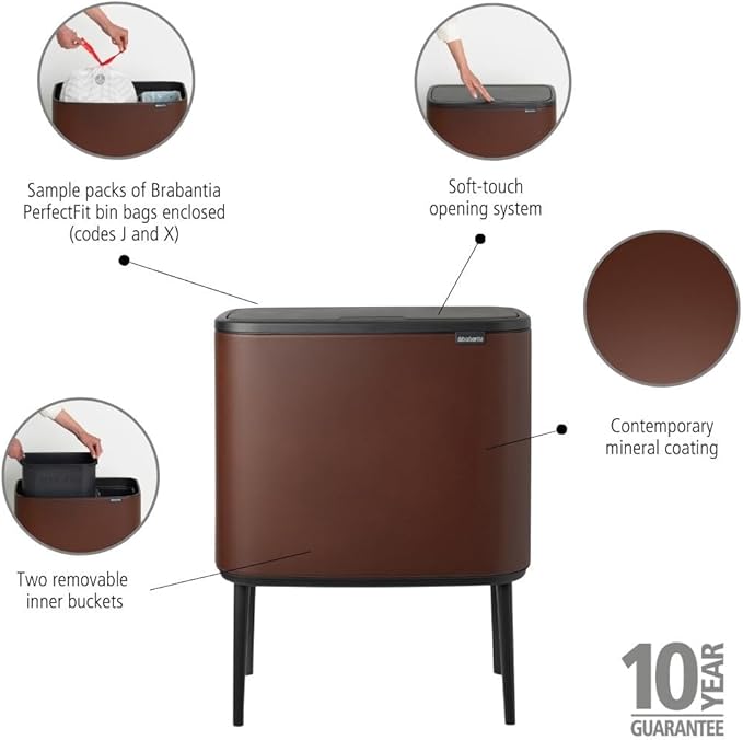 Brabantia Bo Touch Bin - 11 + 23L Inner Buckets (Mineral Cosy Brown) Waste/Recycling Kitchen Bin - Soft-Touch