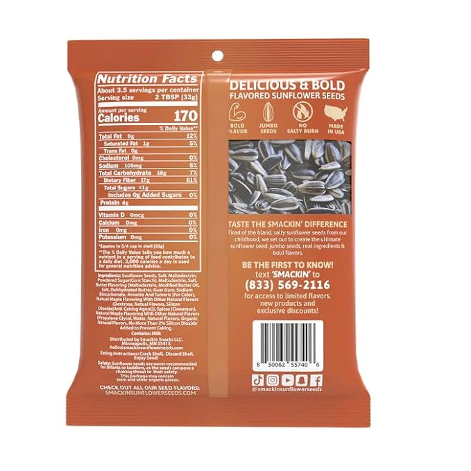 SMACKIN' Sunflower Seeds Roasted Jumbo Small-Batch American Made - Maple Brown Sugar. 4oz bags (12 Pack)
