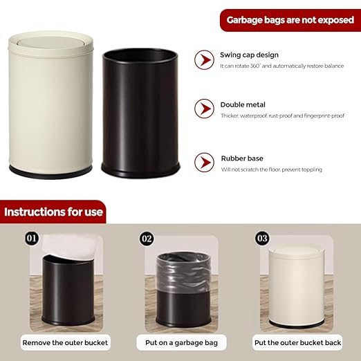 2.4GAL Off White Metal Garbage Can Double-Layer with Inner LayerSmall Bathroom Trash Can with FILP Lid for BedroomOfficeHotelBank