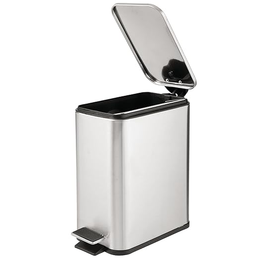 mDesign Slim Metal Rectangle 1.3 Gallon/5 Liter Trash Can with Step Pedal Easy-Close Lid Removable Liner - Narrow Wastebasket Garbage Container Bin for Bathroom Bedroom - Brushed Stainless Steel