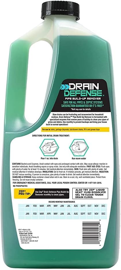 Zep Drain Defense Pipe Build-Up Remover - 64 Ounces - ZLDC648 &amp Drain Defense Enzymatic Drain Cleaner Powder - 18 Ounces - ZDC16 - Safe for Pipes