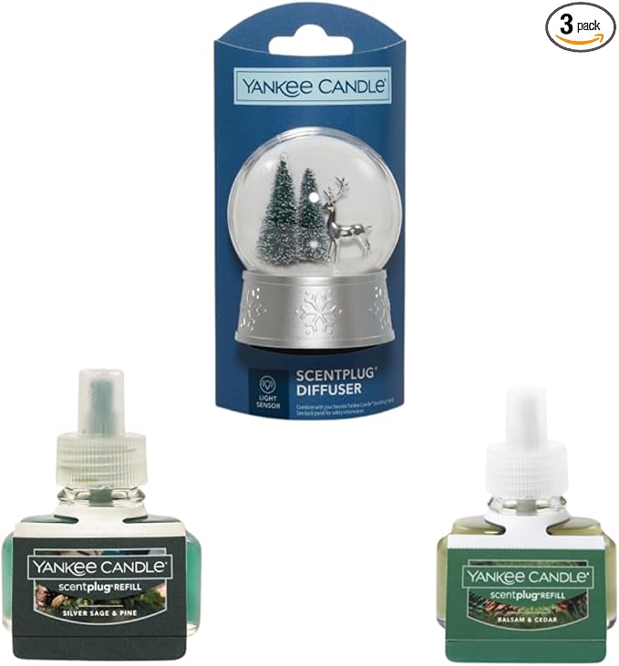 Yankee Candle Winter Bliss Variety Pack - Scent Plug Diffuser Snow Globe with Light Sensor Scent Plug Refill Silver Sage &amp Pine and Balsam &amp Cedar Variety Pack