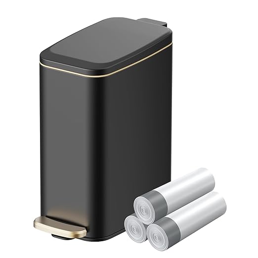 KUK Slim Bathroom Trash Can with Lid 1.6 Gal / 6L Stainless Steel Small Garbage Bin with Detachable Inner Bucket Step Pedal Silent Close Wastebasket for Toilet Bedroom Home Office (Black)