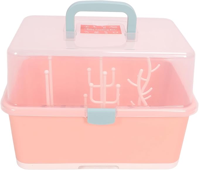 SUNGOOYUE Baby Bottle Drying Rack Portable PP Nursing Bottle Storage Box with Detachable Drain Feeding Bibs for Home Travel Bib (Implicit Pink) SUNGOOYUEpofvukabs8-12