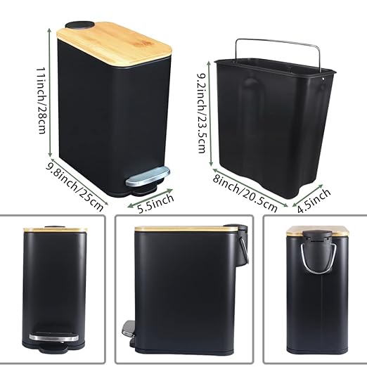SIDIANBAN Bathroom Trash Can with Bamboo Lid Soft Close and Foot Pedal Small Rectangular Slim Garbage Can with Inner Wastebasket for Bedroom Office Kitchen 1.3Gal/5L Black