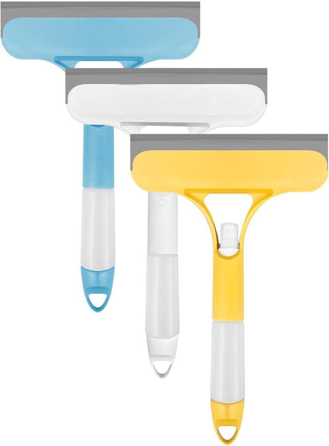 3-in-1 Spray Window Water Absorber Cleaner Scraper Scraper with Spray Device for Shower Glass Mirrors Cars Household Window Cleaning Tools (Yellow Blue White)