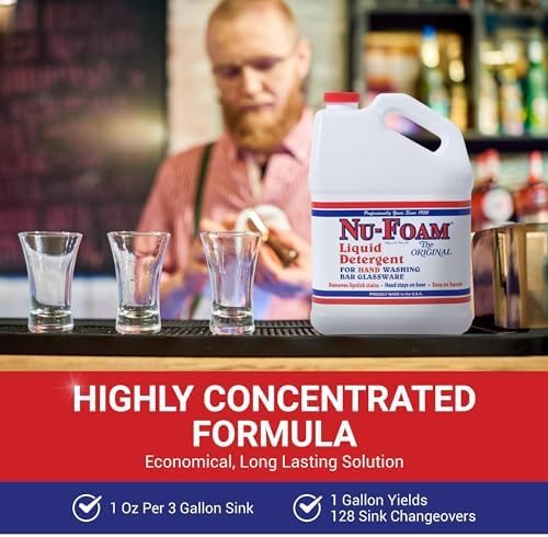 Nu-Foam Liquid Detergent for Bar Glassware – Original Streak-Free Solution - Hand Washing Bar Tavern Brewery Supplies - Spotless Serving Glasses - Concentrated- Easy On Hands - 5 gallon Pail