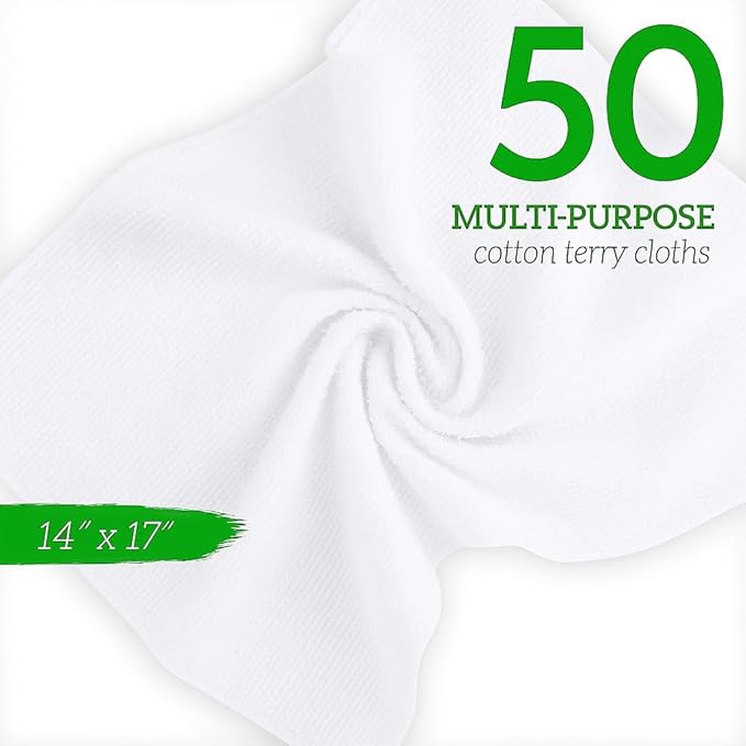 GREEN LIFESTYLE 50-Pack Cotton Wash Cloths – 14x17 Absorbent Cleaning Rags for Housekeeping Kitchen Towels Bar Mop Towels Durable Terry Cloth Rags Premium Quality Multipurpose Washcloths